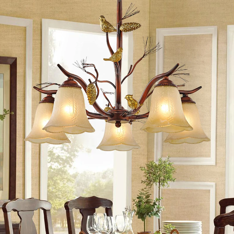 Bloemvormige woonkamer plafondkroonluchter rustiek matglas 3/6/8 lichtbruin hangend armatuur met vogel