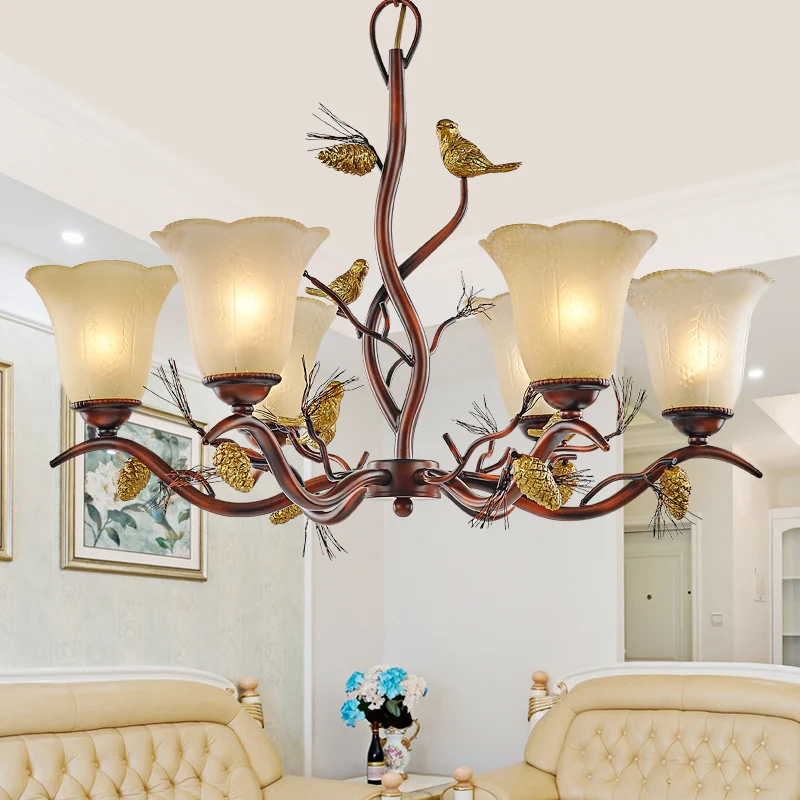 Bloemvormige woonkamer plafondkroonluchter rustiek matglas 3/6/8 lichtbruin hangend armatuur met vogel