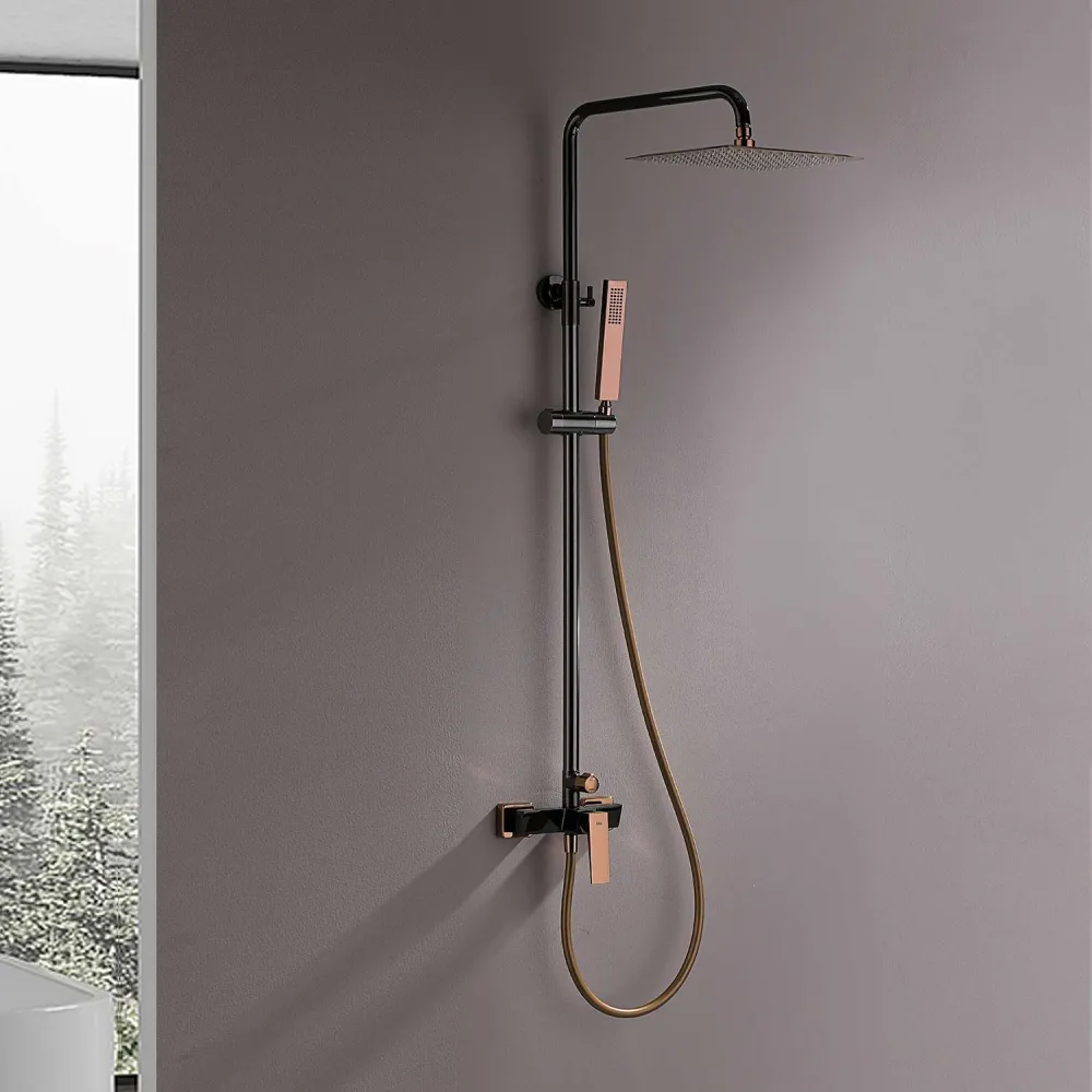 Columna de ducha monomando sky bath negro cristal y oro rosa serie infinite