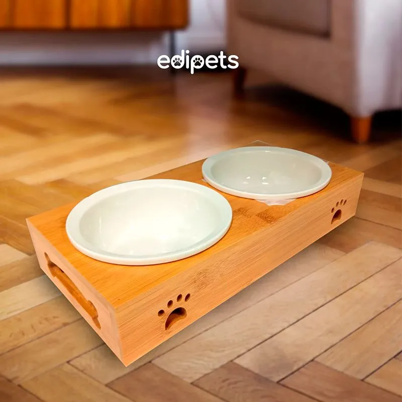 Comedero doble para mascotas Edipets blanco/bambú 5,5x31x15,4 cm
