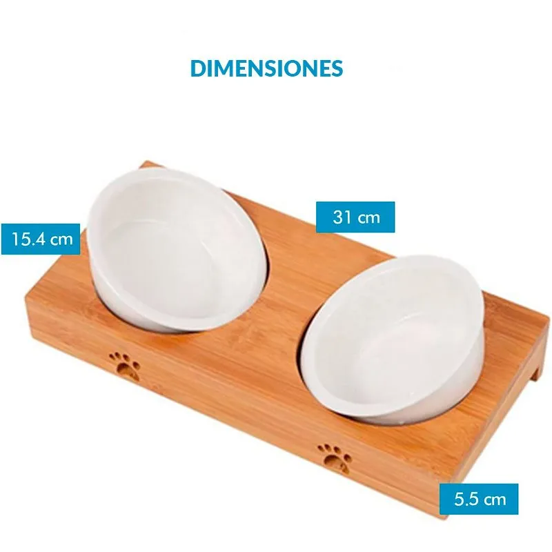 Comedero doble para mascotas Edipets blanco/bambú 5,5x31x15,4 cm