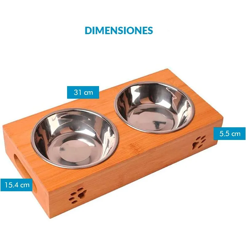 Comedero doble para mascotas Edipets inox/bambú 5,5x31x15,4 cm