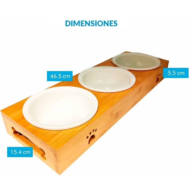 Comedero triplicado para mascotas Edipets cuencos de cerámica y bambú 5,5x46,5x15,4 cm