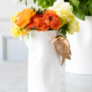 Florero Porcelana Blanco Con Pájaros Dorados Compacto