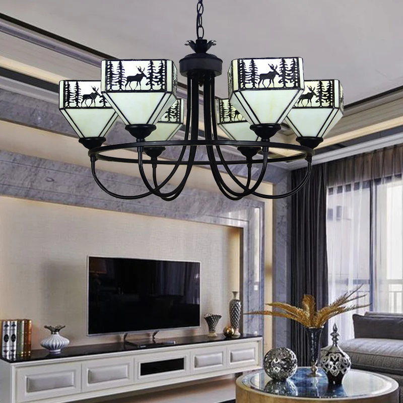 Lampadario da soggiorno con cervo della foresta, lampadario vetro stile americano, colore nero