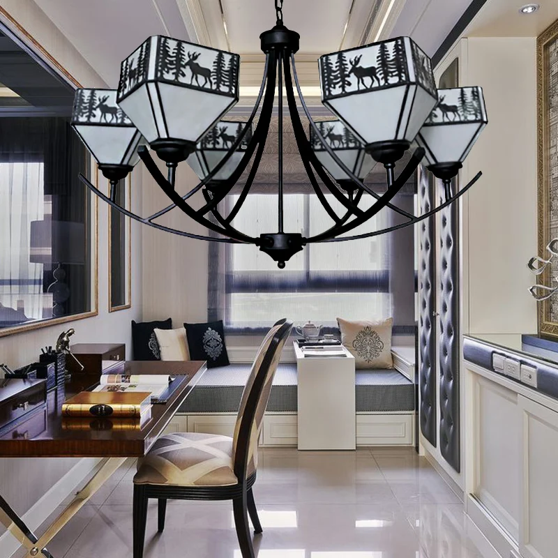 Lampadario da soggiorno con cervo della foresta, lampadario vetro stile americano, colore nero
