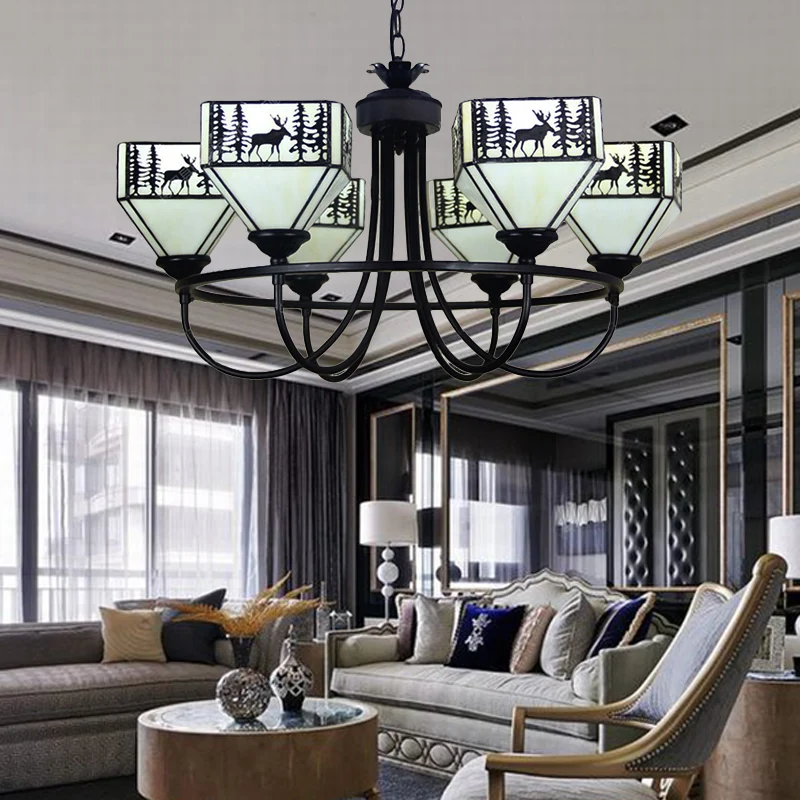 Lampadario da soggiorno con cervo della foresta, lampadario vetro stile americano, colore nero