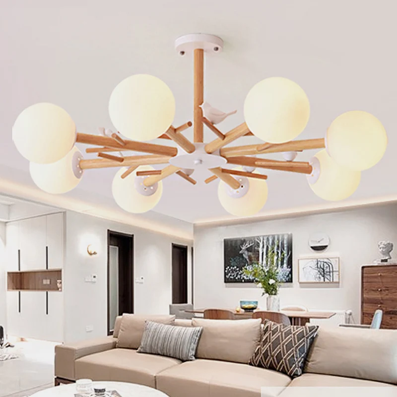 Lampadario sospensione legno stile rustico con paralume globo bianco con uccello per sala da pranzo