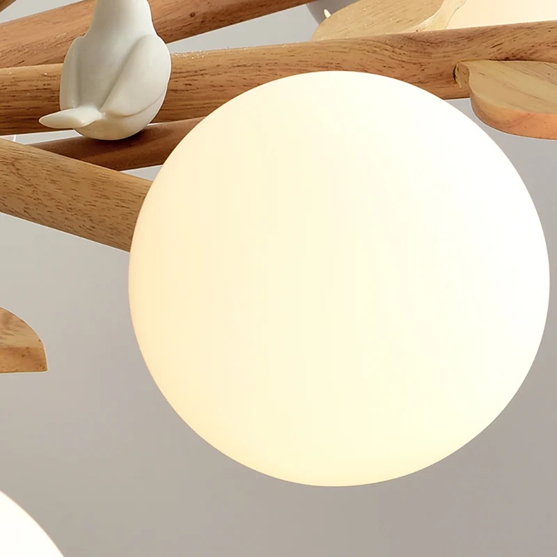 Lampadario sospensione legno stile rustico con paralume globo bianco con uccello per sala da pranzo