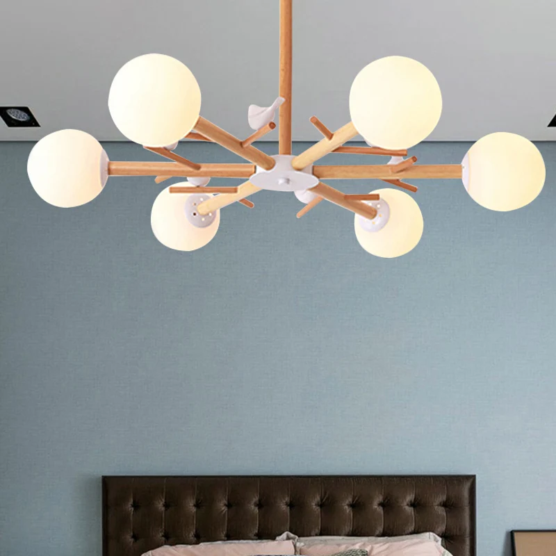 Lampadario sospensione legno stile rustico con paralume globo bianco con uccello per sala da pranzo