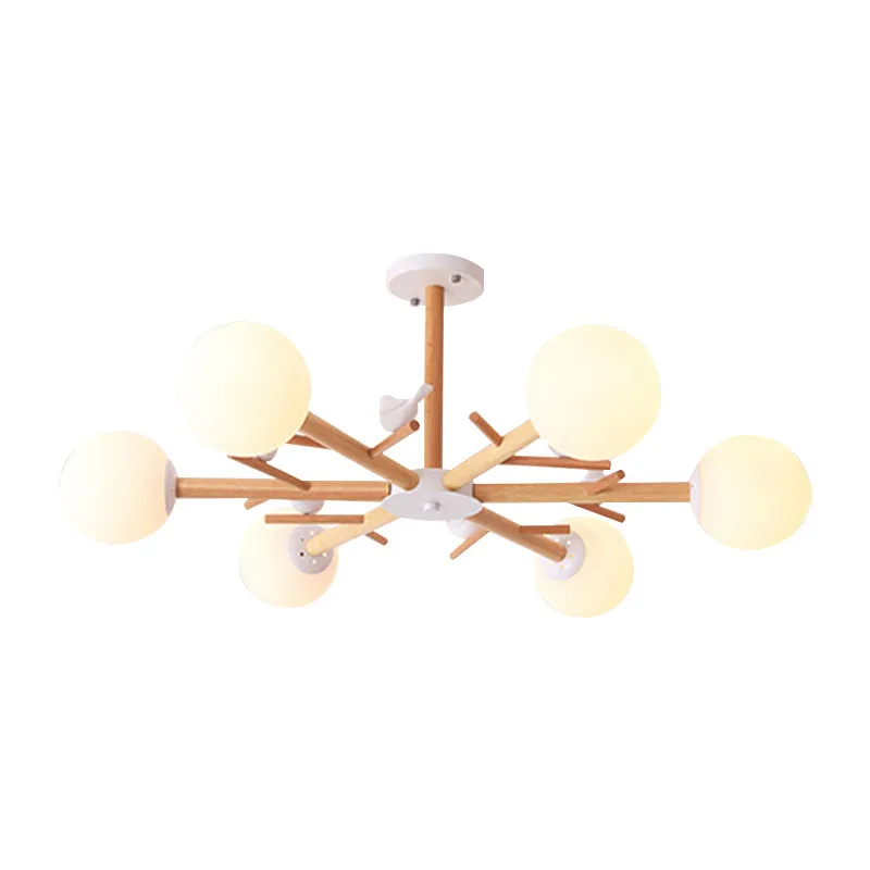 Lampadario sospensione legno stile rustico con paralume globo bianco con uccello per sala da pranzo