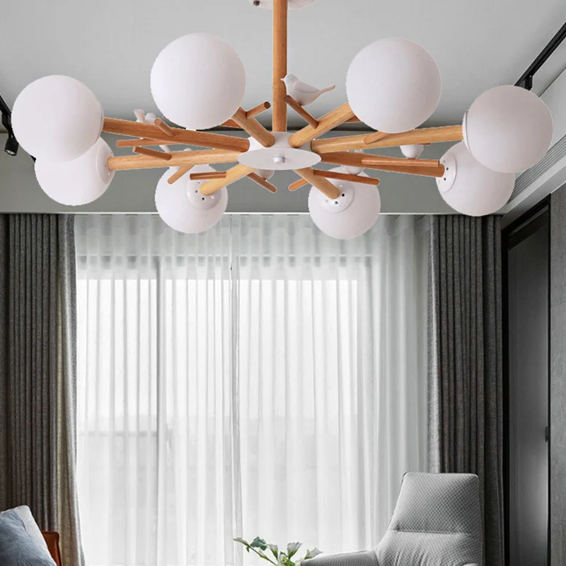 Lampadario sospensione legno stile rustico con paralume globo bianco con uccello per sala da pranzo