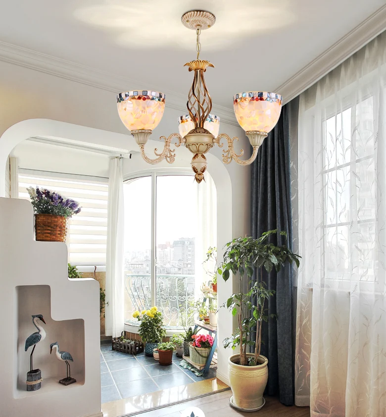 Lámpara de arañ blanca de concha, iluminación colgante mediterránea para sala de estar Blanco