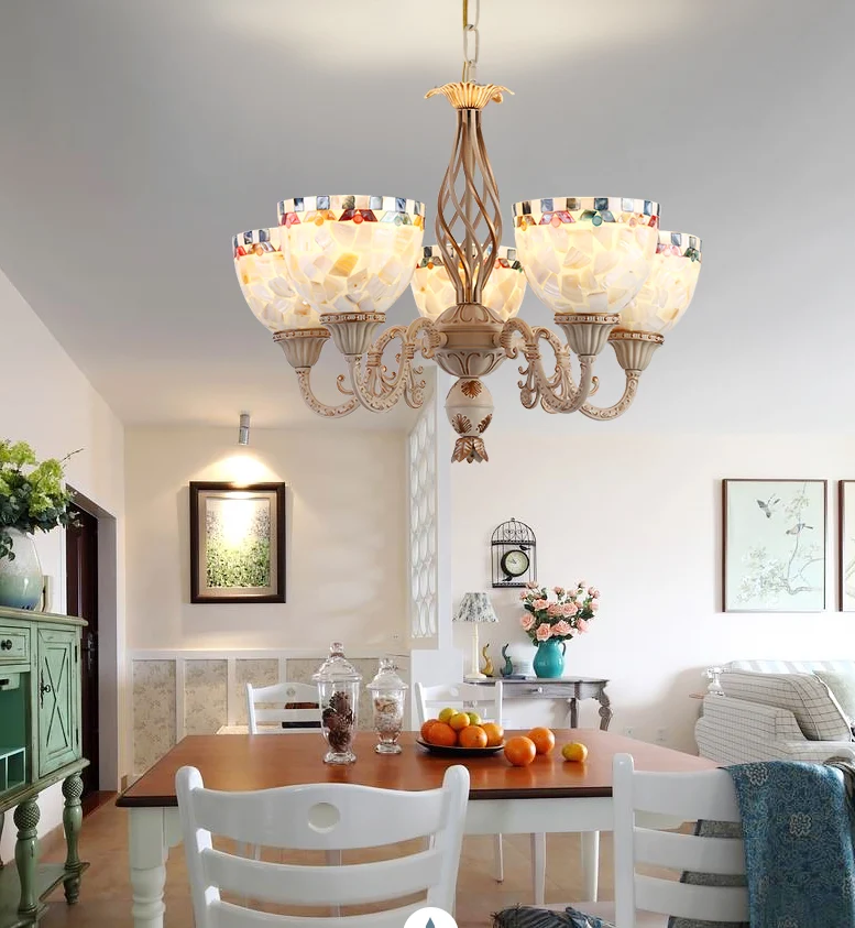 Lámpara de arañ blanca de concha, iluminación colgante mediterránea para sala de estar Blanco