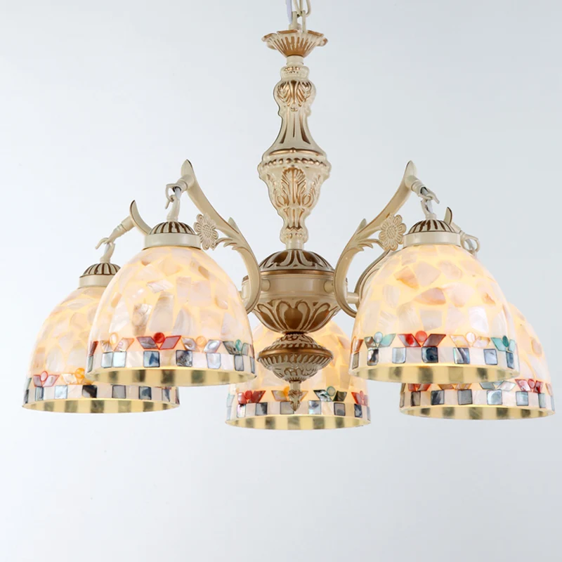 Lámpara de arañ blanca de concha, iluminación colgante mediterránea para sala de estar Blanco