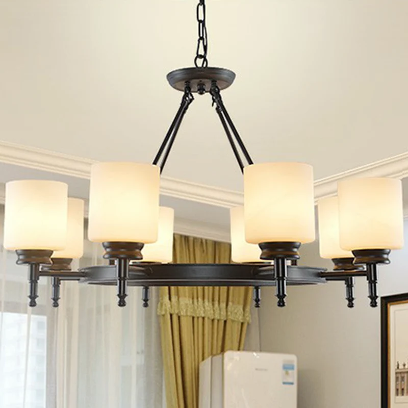 Lámpara de arañ con forma de cilindro clásico, lámpara colgante de cristal ópalo para sala de estar Negro
