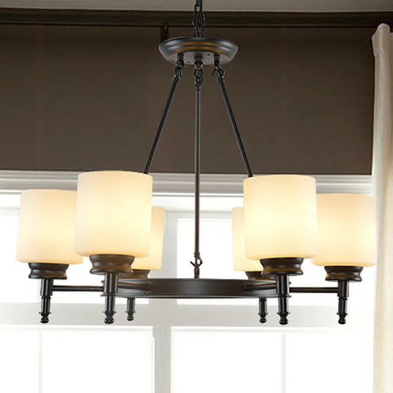 Lámpara de arañ con forma de cilindro clásico, lámpara colgante de cristal ópalo para sala de estar Negro