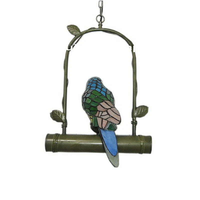 Lámpara de arañ individual, iluminación colgante de vitral de loro Antiguo para sala de estar Verde