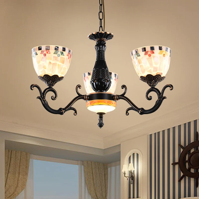 Lámpara de arañ de mosaico de vidrieras Tiffany 3/5/9 luces, accesorio de iluminación de suspensión negro para sala de est...