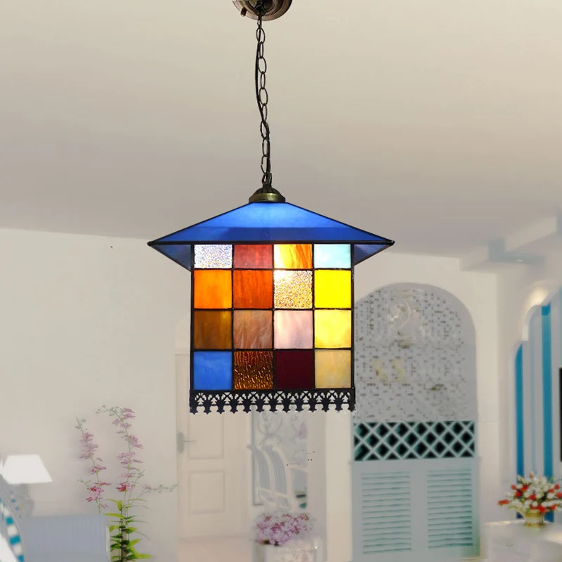 Lámpara colgante azul de 1 luz Tiffany, elegante accesorio de iluminación colgante con pantalla de cristal inoxidable para...