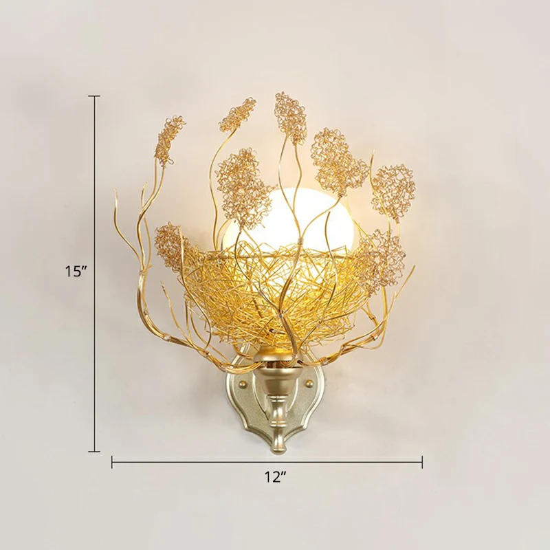Lámpara de pared con forma de huevo, aplique decorativo de cristal blanco de 1 cabezal para dormitorio con nido de alambre...