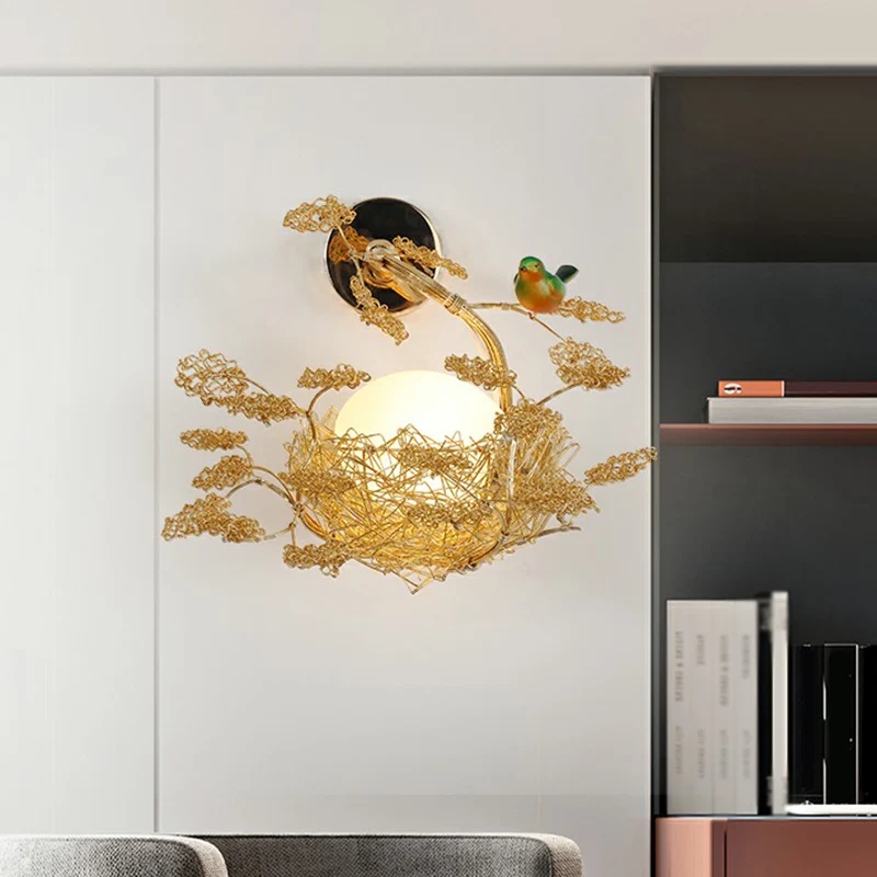 Lámpara de pared con forma de huevo, aplique decorativo de cristal blanco de 1 cabezal para dormitorio con nido de alambre...