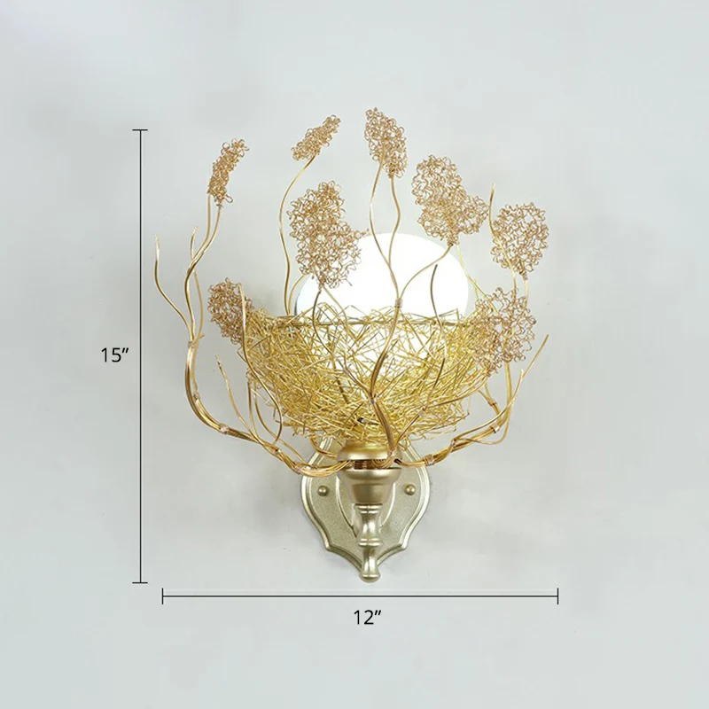 Lámpara de pared con forma de huevo, aplique decorativo de cristal blanco de 1 cabezal para dormitorio con nido de alambre...