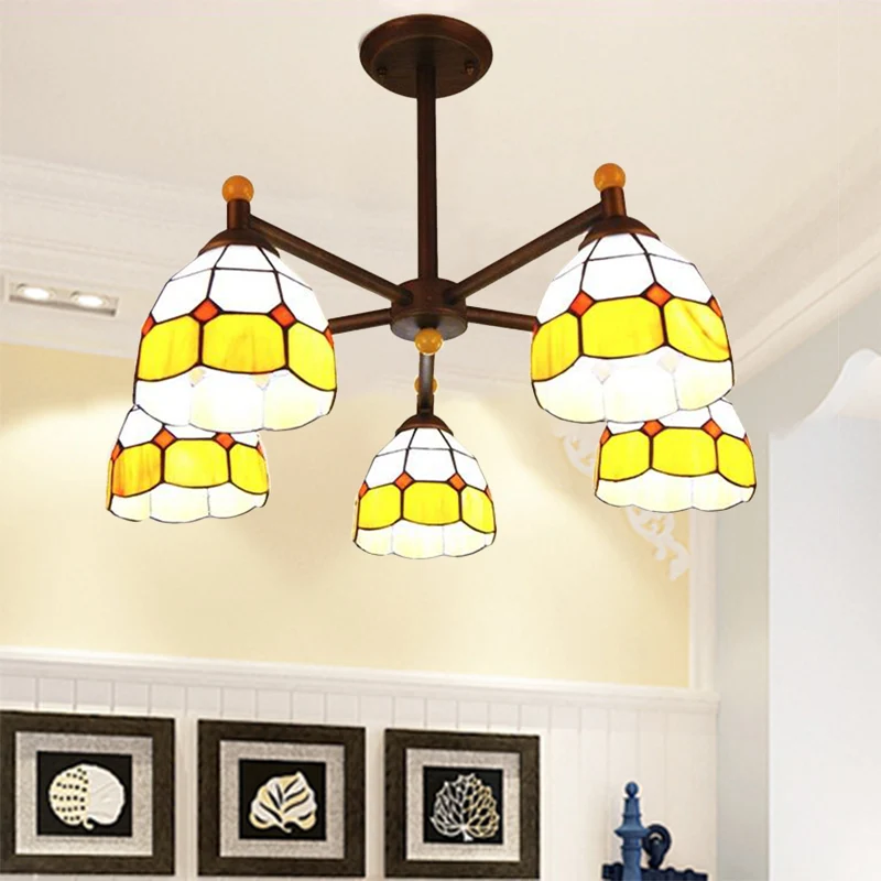 Lámpara semiempotrada en forma de cuenco, vidriera rústica, 5 luces, accesorio de techo semiempotrado azul/rojo/amarillo p...
