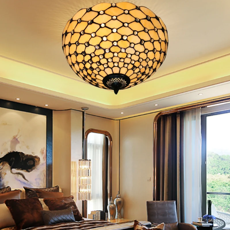 Lámpara de techo en forma de cuenco, color beige/negro, vidrieras Tiffany, 1/2 luces, luz de techo empotrada Beis