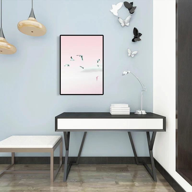 Minimalisme Vogels Wall Art Print Roze Dieren Verpakt Lona voor Woonkamer, Textuur