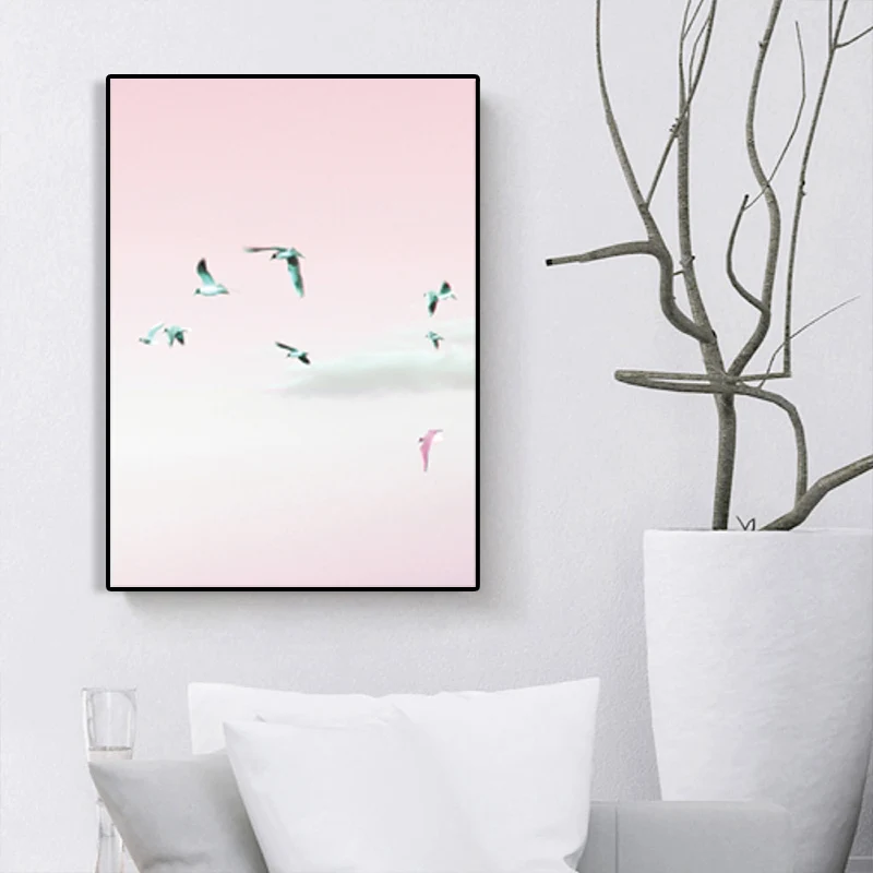 Minimalisme Vogels Wall Art Print Roze Dieren Verpakt Lona voor Woonkamer, Textuur