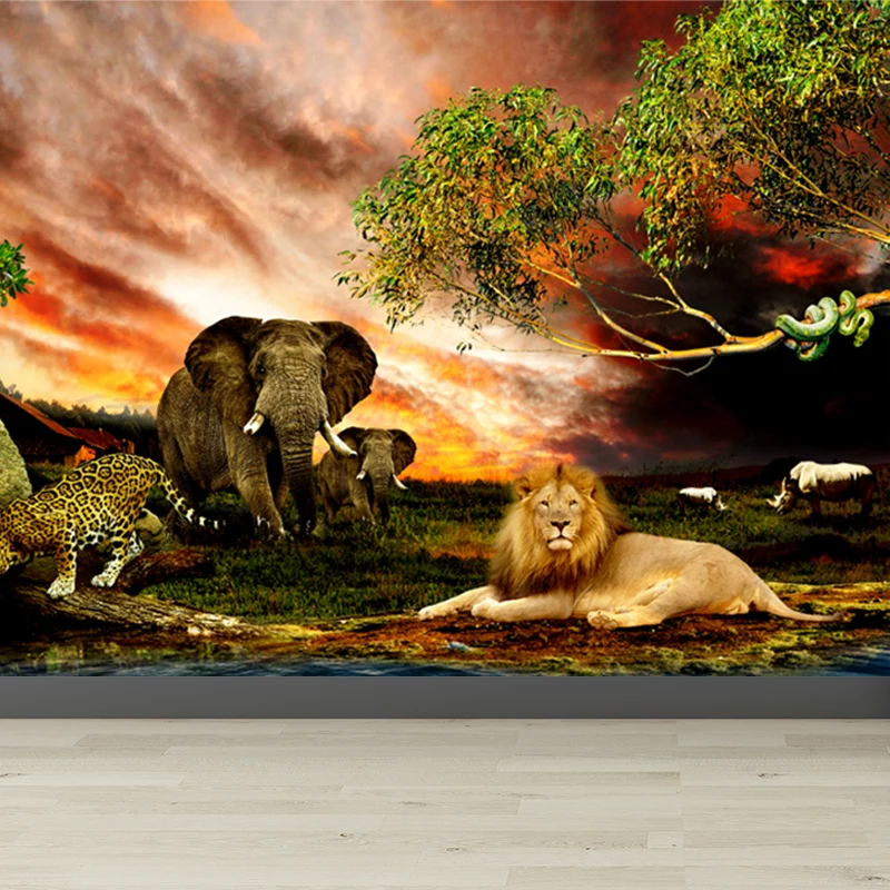 Murale con animali della savana lungo il fiume Tropici, decorazione da parete con bagliore marrone al tramonto, per soggiorno