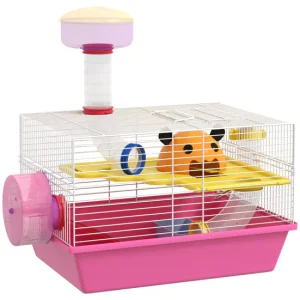 PawHut Jaula para Hámster Casa para Animales Pequeños con Cuenco Bebedero Rueda de Ejercicio Torre de Observación y Casita...