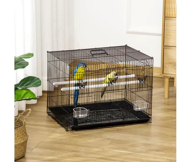 PawHut Jaula para Pájaros 60x41x41 cm Pajarera de Metálico con Comederos 2 Perchas 3 Puertas y Asa de Transporte para Pája...