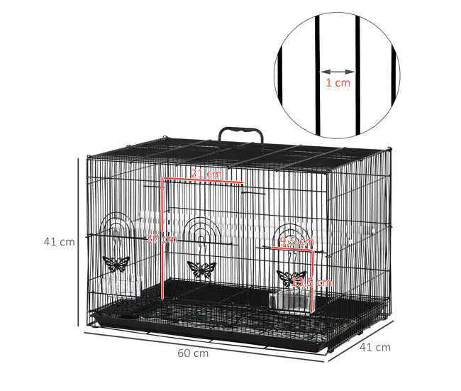 PawHut Jaula para Pájaros 60x41x41 cm Pajarera de Metálico con Comederos 2 Perchas 3 Puertas y Asa de Transporte para Pája...