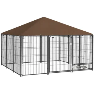 PawHut Perrera con Toldo Parque para Perros Metálica de Exterior con Soporte Giratorio para Comida 2 Cuencos para Patio Ja...