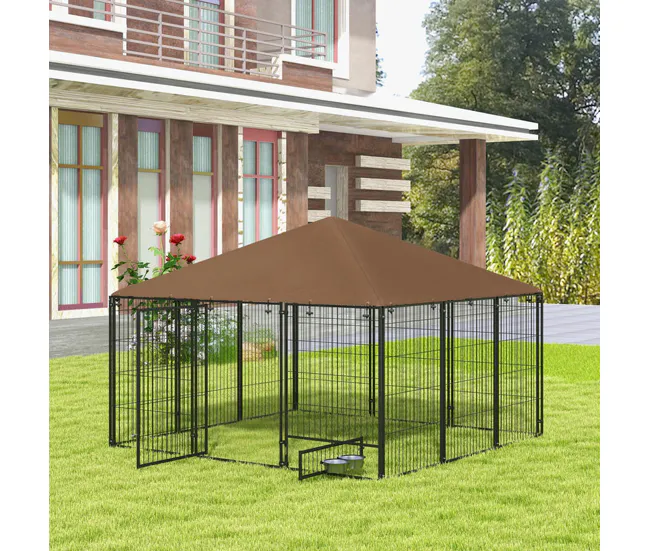 PawHut Perrera con Toldo Parque para Perros Metálica de Exterior con Soporte Giratorio para Comida 2 Cuencos para Patio Ja...