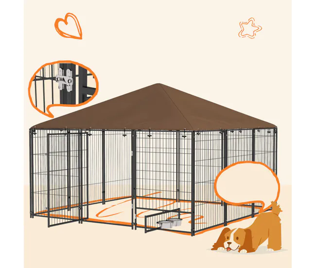PawHut Perrera con Toldo Parque para Perros Metálica de Exterior con Soporte Giratorio para Comida 2 Cuencos para Patio Ja...