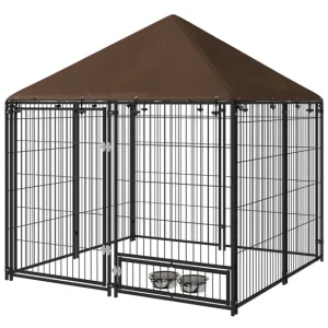 PawHut Perrera con Toldo Parque para Perros Metálica de Exterior con Soporte Giratorio para Comida 2 Cuencos para Patio Ja...