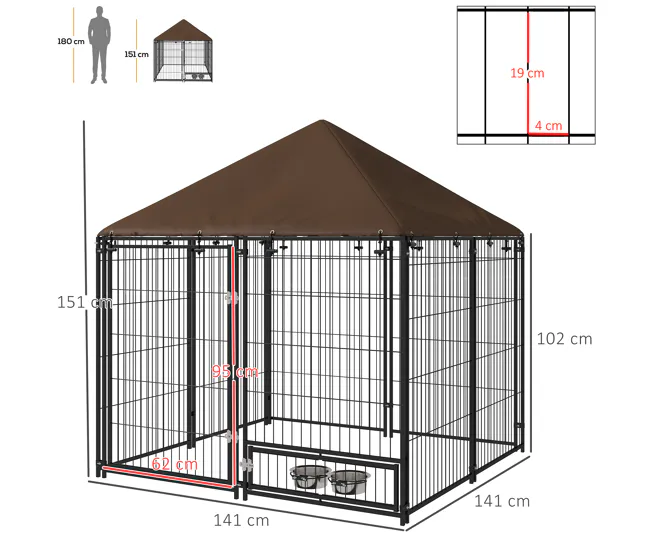 PawHut Perrera con Toldo Parque para Perros Metálica de Exterior con Soporte Giratorio para Comida 2 Cuencos para Patio Ja...