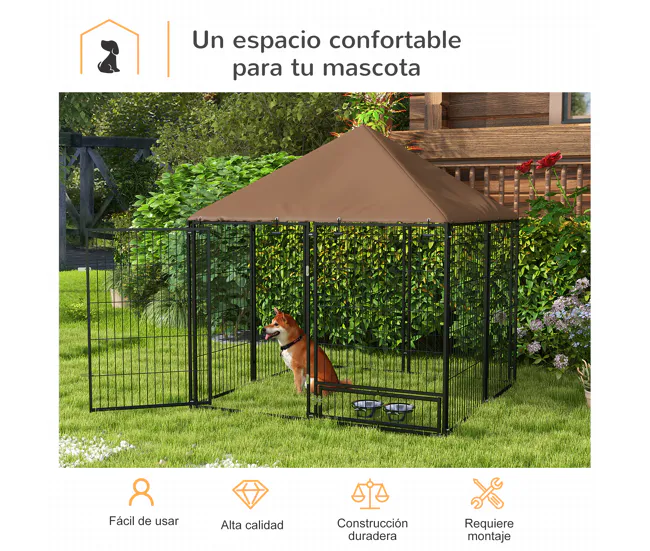 PawHut Perrera con Toldo Parque para Perros Metálica de Exterior con Soporte Giratorio para Comida 2 Cuencos para Patio Ja...