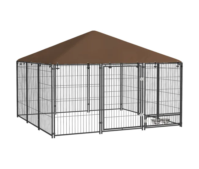 PawHut Perrera con Toldo Parque para Perros Metálica de Exterior con Soporte Giratorio para Comida 2 Cuencos para Patio Ja...