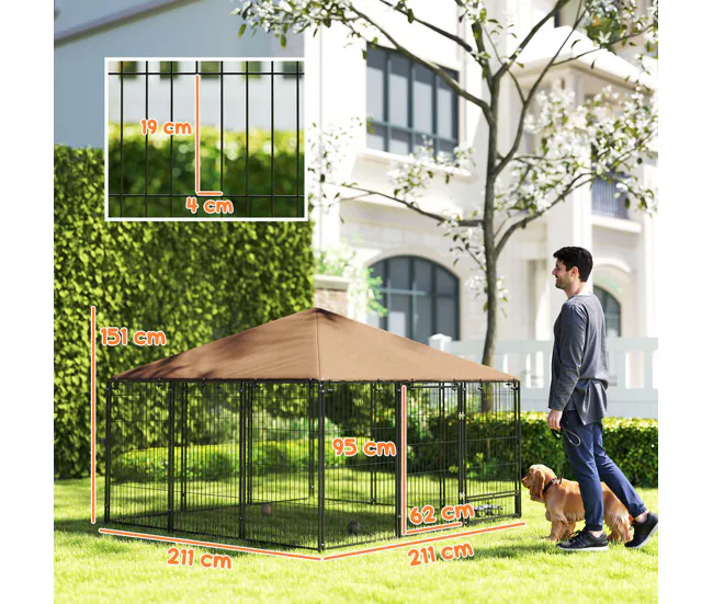 PawHut Perrera con Toldo Parque para Perros Metálica de Exterior con Soporte Giratorio para Comida 2 Cuencos para Patio Ja...