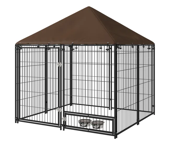 PawHut Perrera con Toldo Parque para Perros Metálica de Exterior con Soporte Giratorio para Comida 2 Cuencos para Patio Ja...