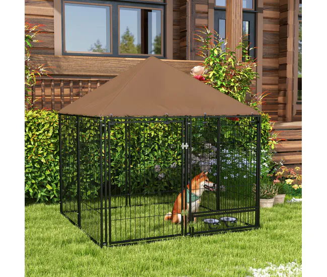 PawHut Perrera con Toldo Parque para Perros Metálica de Exterior con Soporte Giratorio para Comida 2 Cuencos para Patio Ja...