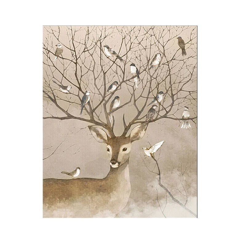 Pintura de ciervo y pájaro marrón, lienzo texturizado, arte de pared para sala de estar de granja Marron