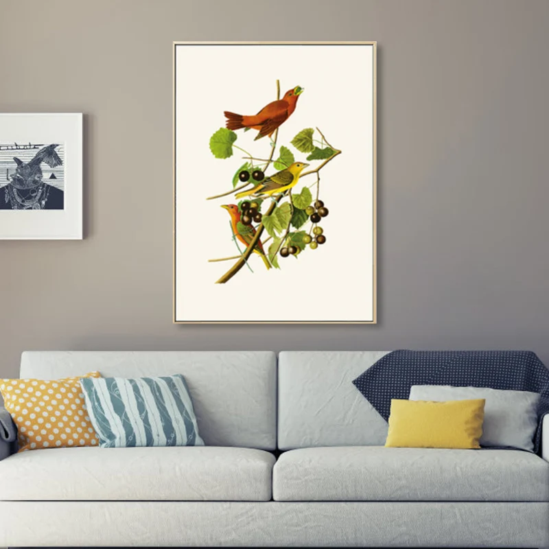 Pájaro rústico de la pintura del arte de la lona del color mullido en la decoración de la pared de las ramas para el dormi...