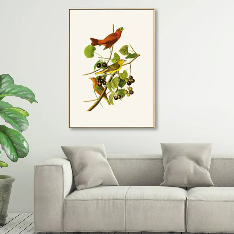 Pájaro rústico de la pintura del arte de la lona del color mullido en la decoración de la pared de las ramas para el dormi...
