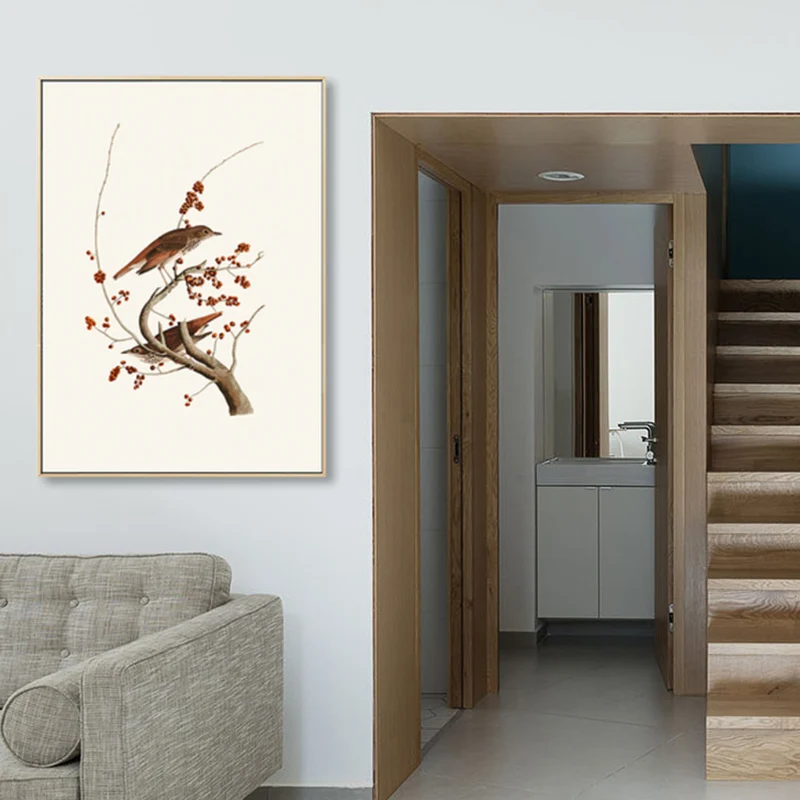 Pájaro rústico de la pintura del arte de la lona del color mullido en la decoración de la pared de las ramas para el dormi...