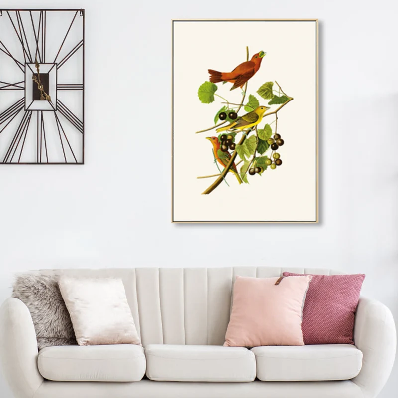 Pájaro rústico de la pintura del arte de la lona del color mullido en la decoración de la pared de las ramas para el dormi...